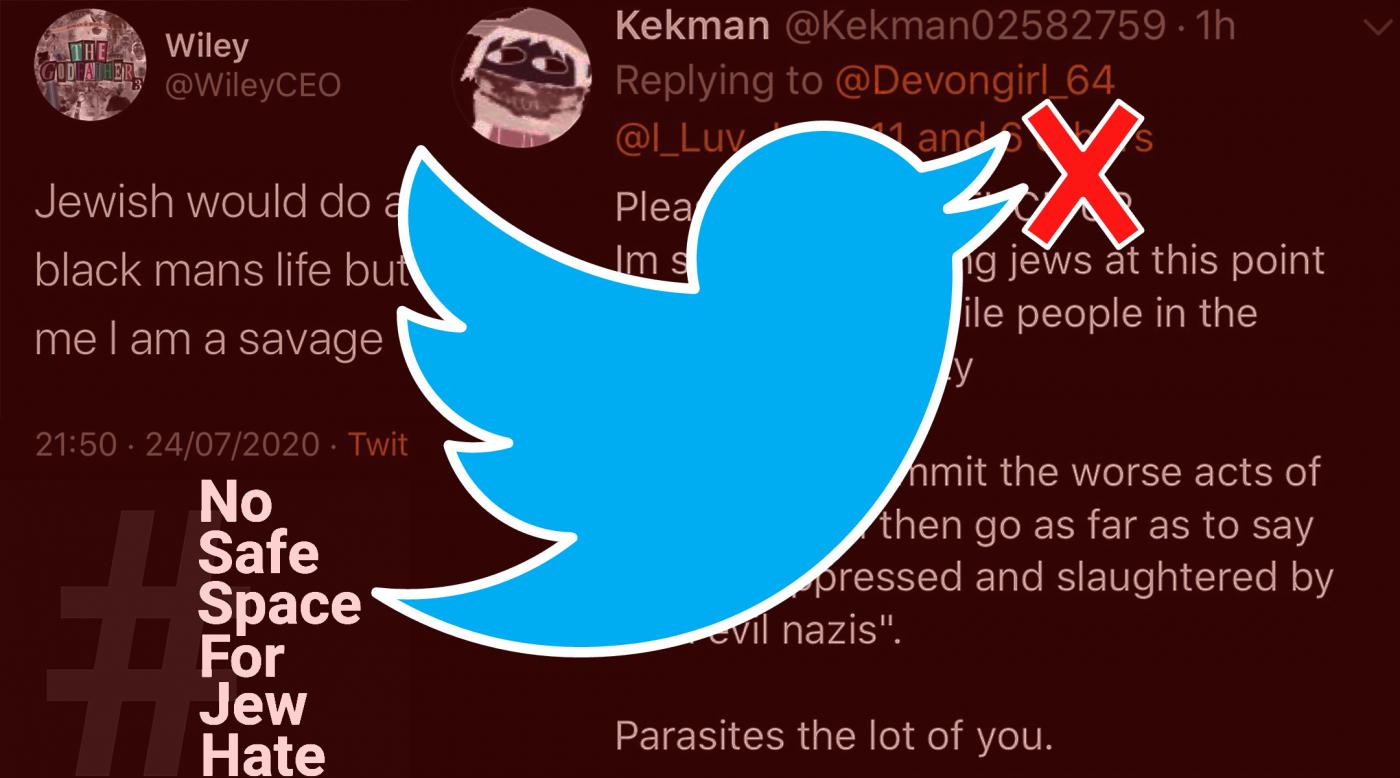 The Twitter logo is superimposed on anti-Semitic tweets.