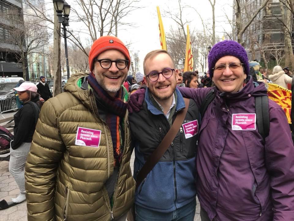 Rabbis Elliott Tepperman, Alex Weissman and Toba Spitzer attend a 2018 Philadelphia protest for worker's rights as part of the Reconstructing Judaism Convention.