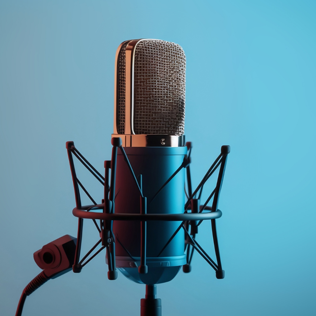 A studio microphone with a shock mount and cable against a blue gradient background.