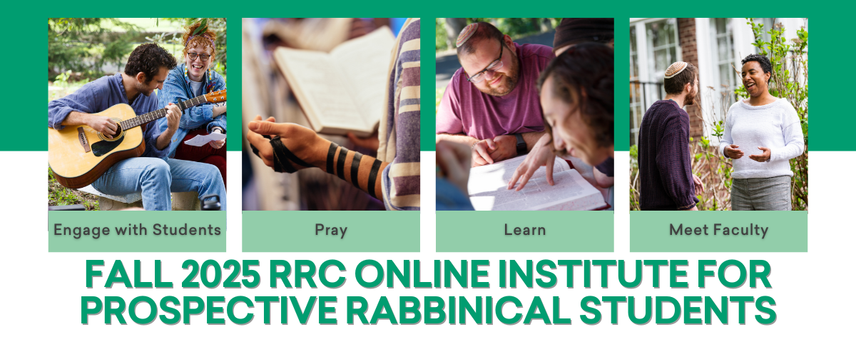 Four images show people playing music, praying, studying, and talking, with text about an online rabbinical institute.